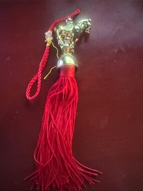 Source Unknown Red Tassel Charm with Gold Horse Accent